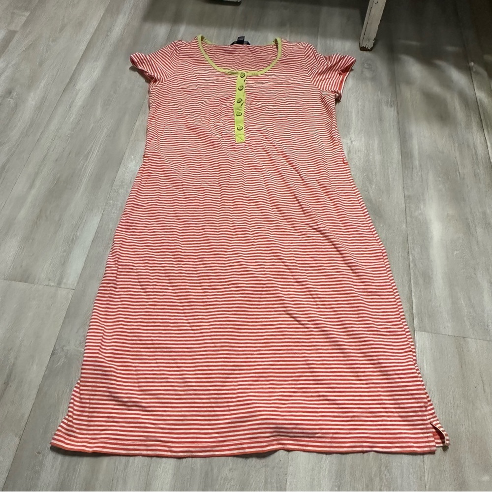 Lands’ End Orange White Striped Shirt Dress Sz 10-12 M